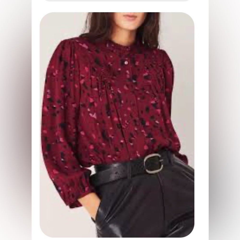 NWT BA&SH Tonka gathered printed satin-jacquard shirt size 0 multicolored blouse